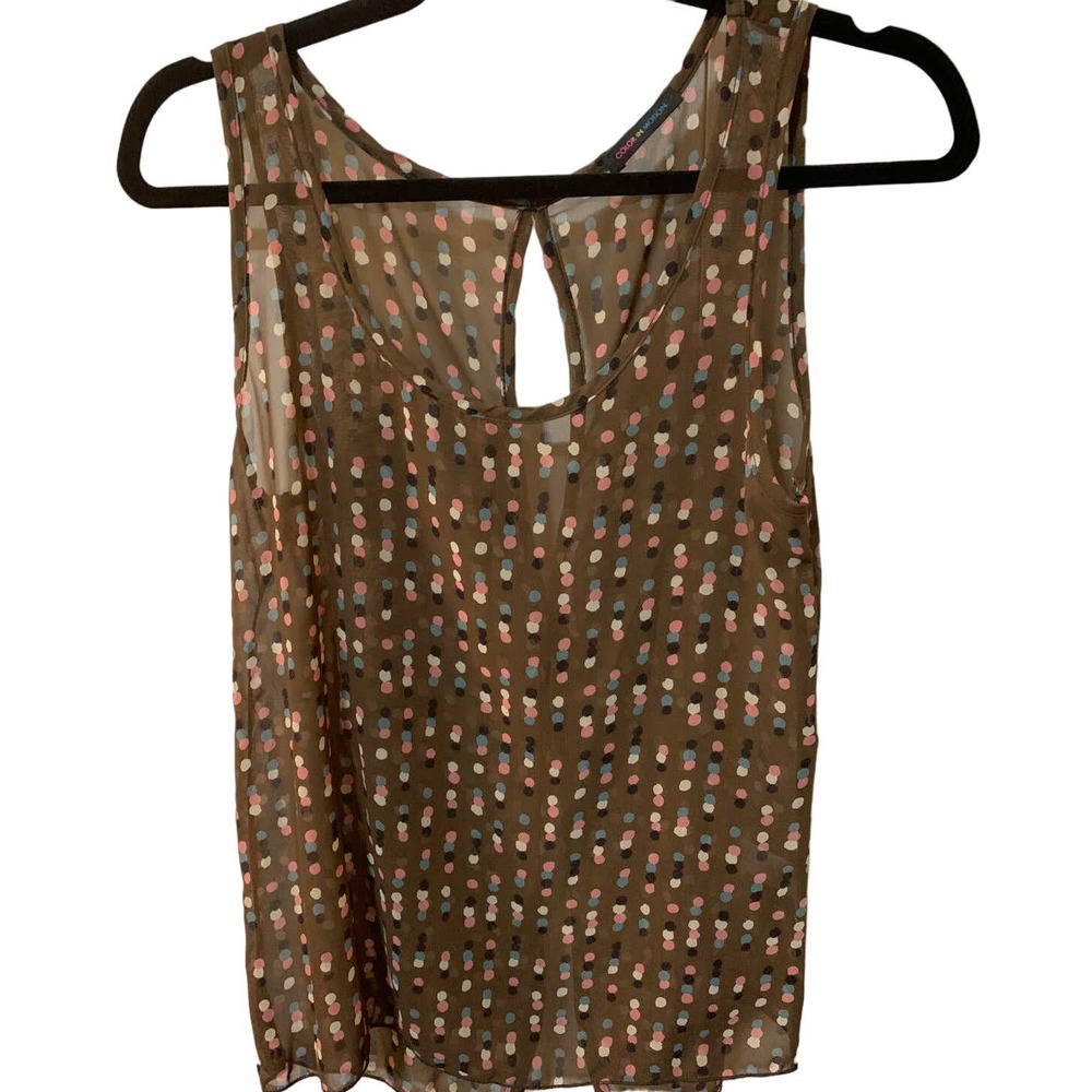 COLOR IN MOTION Womens Sheer Sleeveless Brown Blouse Top Rhinestone Back Closure
